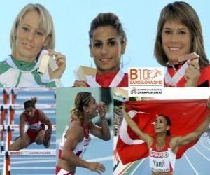 Układanka Nevin Yanit mistrzem 100 m przez płotki, Derval O&#039;Rourke i Carolin Nytra (2 i 3) z Barcelona Mistrzostwa Europy w Lekkoatletyce 2010