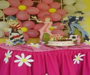 Układanka Obchody tort ze świeczkami, prezenty i balony