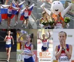 Układanka Olga Kaniskina 20 spacerem mistrz km, Anisia Kirdiapkina i Vera Sokołowa (2 i 3) z Barcelona Mistrzostwa Europy w Lekkoatletyce 2010