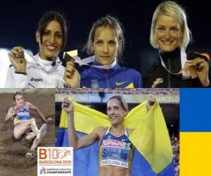 Układanka Olha Saladuha potrójny mistrz skoku Simona La Mantia, Svetlana Bolshakov (2 i 3) z Barcelona Mistrzostwa Europy w Lekkoatletyce 2010