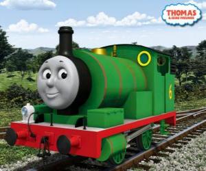 Układanka Percy, najmłodsza lokomotywa, zielona i z numerem 6. Percy jest najlepszym przyjacielem Thomasa