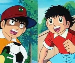 Układanka Piłkarz Tsubasa Ozora i jego przyjaciel Genzo Wakabayashi, który gra jako bramkarz