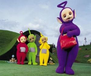 Układanka Po, Laa-Laa, Dipsy, a Tinky-Winky z czerwoną torbą w jego przedniej części domu