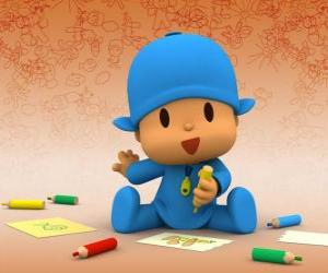 Układanka Pocoyo siedzi na podłodze i tworzenia rysunku na kartce papieru