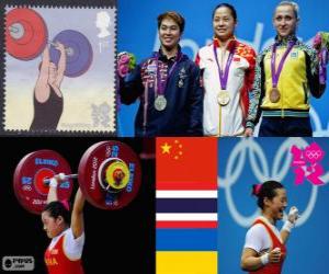 Układanka Podnoszenie ciężarów kobiet 58 kg dekoracji, Li Xueying (Chiny), Pimsiri Sirikaew (Tajlandia) i Julia Kalina (Ukraina) - London 2012-