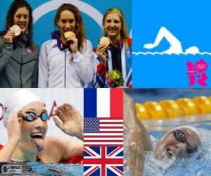 Układanka Pływanie kobiet 400 m stylem dowolnym dekoracji, Camille Muffat (Francja), Allison Schmitt (Stany Zjednoczone) i Rebecca Adlington (Wielka Brytania) - London 2012 -