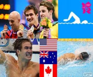 Układanka Pływanie mężczyzn 100 metrów stylem dowolnym dekoracji, Nathan Adrian (Stany Zjednoczone), James Magnussen (Australia) i Brent Hayden (Kanada) - London 2012-