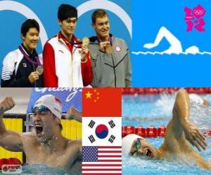 Układanka Pływanie mężczyzn 400 metrów stylem dowolnym dekoracji, Sun Yang (Chiny), Park Tae-Hwan (South of Korea) i Peter Vanderkaay (Stany Zjednoczone) - London 2012-