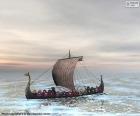Rysunek statek drakkar lub Łodzi Wikingów wszystkich wioślarzy w akcji i obrzęk żagiel z wiatrem