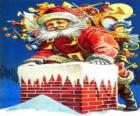 Święty Mikołaj następuje przez komin obciążony wieloma przedstawia
