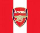 Arsenal Football Club flaga jest czerwone i białe z godłem w centrum
