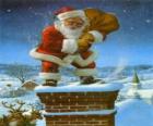 Święty Mikołaj następuje przez komin obciążony wieloma przedstawia