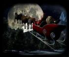Święty Mikołaj w jego magia saniach ciągniętych przez renifery latające w noc Bożego Narodzenia