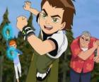 Ben 10 z obcym zegarek na przegubie obok kuzyna Gwen Omnitrix i dziadek Max