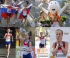 Olga Kaniskina 20 spacerem mistrz km, Anisia Kirdiapkina i Vera Sokołowa (2 i 3) z Barcelona Mistrzostwa Europy w Lekkoatletyce 2010