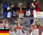 Verena Sailer 100m mistrz i Myriam Soumaré Véronique Mang (2 i 3) z Barcelona Mistrzostwa Europy w Lekkoatletyce 2010