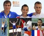 Renaud Lavillenie mistrz Skok o tyczce, i Przemysław Czerwiński Masuryk Maxym (2 i 3) z Barcelona Mistrzostwa Europy w Lekkoatletyce 2010