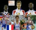 Christophe Lemaitre 200 m mistrz, Christian Malcolm i Martial Mbandjock (2 i 3) z Barcelona Mistrzostwa Europy w Lekkoatletyce 2010