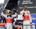 Lewis Hamilton świętuje swoje zwycięstwo na Spa-Francorchamps, Belgia Grand Prix 2010