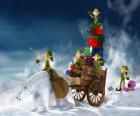 Elfy pomagają Santa Claus dostarczyć prezenty świąteczne