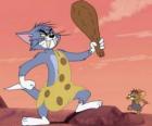 Tom ubrany jak jaskiniowiec z klubem, by zniszczyć Jerry
