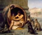 Grecki filozof Diogenes Sinope, w jego baryłkę, na ulicach Aten