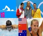 Pływanie kobiet 100 m butterfly dekoracji, Dana Vollmer (Stany Zjednoczone), Lu Ying (Chiny) i Alicia Coutts (Australia) - London 2012-