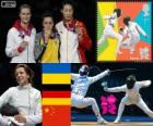 Dekoracji szermierka kobiet poszczególnych miecz, Jana Shemiakina (Ukraina), Britta Heidemann (Niemcy) i Sun Yujie (Chiny) - London 2012-