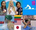 Pływanie 100 m dekoracji styl kobiet klasycznym, Rūta Meilutytė (Litwa), Rebecca Soni (Stany Zjednoczone) i Satomi Suzuki (Japonia) - London 2012-