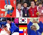 Dekoracji mężczyzn w Judo - 81 kg, Kim Jae-Bum (Korea Południowa), Ole Bischof (Niemcy) i Ivan Nifontov (Rosja), Antoine metoda de Valois-Fortier (Kanada) - London 2012-
