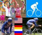 Kobiet czasu wersji próbnej rowerowe dekoracji, Kristin Armstrong (Stany Zjednoczone), Judith Arndt (Niemcy) i Olga Zabelinskaya (Rosja) - London 2012-