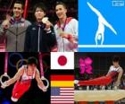 Gimnastyka mężczyzn artystycznych orbitalnego podium indywidualnie, Kohei Uchimura (Japonia), Marcel Nguyen (Niemcy) i Danell Leyva (Stany Zjednoczone) - London 2012-