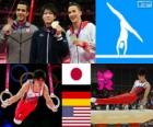 Gimnastyka mężczyzn artystycznych orbitalnego podium indywidualnie, Kohei Uchimura (Japonia), Marcel Nguyen (Niemcy) i Danell Leyva (Stany Zjednoczone) - London 2012-