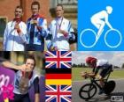 Mężczyzn drogowego czasu wersji próbnej rowerowe dekoracji, Bradley Wiggins (Wielka Brytania), Tony Martin (Niemcy) i Christopher Froome (Wielka Brytania) - London 2012-