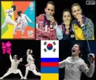 Dekoracji szermierka Kobiety szabla indywidualnie, Kim Ji-Yeon (Korea Południowa), Sofia Velikaya (Rosja) i Olga Jarlan (Ukraina) - London 2012-