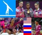 Gimnastyka kobiet WKKW dekoracji, Gabrielle Douglas (Stany Zjednoczone), Viktoria Komova i Aliya Mustafina (Rosja) - London 2012-