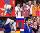 Dekoracji Judo mężczyzn - 100 kg, Tagir Khaibulaev (Rosja), Tüvshinbayar Naidan (Mongolia) i Dimitri Peters (Niemcy), Henk Grol (Holandia) - London 2012-