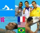 Dekoracji basenie mężczyzn 50 metrów stylem dowolnym, Florent Manaudou (Francja), Cullen Jones (Stany Zjednoczone) i César Cielo (Brazylia) - London 2012-