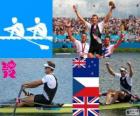 Rudern einer, Mahe Drysdale (Neuseeland), Ondřej Synek (Tschechische Republik) und Alan Campbell (Vereinigtes Königreich) - London 2012 - Podium