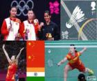 Kobiety Single Badminton dekoracji, Li Xuerui (Chiny), Wang Yihan (Chiny) i Saina Nehwal (Indie) - London 2012-