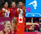 Gimnastyka dekoracji w skoki na trampolinie kobiet, Rosannagh Maclennan (Kanada), Huang Shanshan i on Wenna (Chiny) - London 2012-