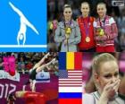 Kobiet sklepienie Gimnastyce podium, Sandra Izbaşa (Rumunia), McKayla Maroney (Stany Zjednoczone) i Maria Paseka (Rosja), Londyn 2012