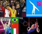 Podium w Gimnastyce pierścienie, Arthur Nabarrete Zanetti (Brazylia), Chen Yibing (Chiny) i Matteo Morandi (Włochy), Londyn 2012