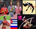 Dekoracji lekkoatletyka tyczce kobiet, Jennifer Suhr (Stany Zjednoczone), Yarisley Silva (Kuba) i Isinbajewa Elena (Rosja), London 2012