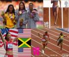 Dekoracji lekkoatletyka kobiet 200 metrów, Allyson Felix (Stany Zjednoczone), Shelly-Ann Fraser-Pryce (Jamajka) i Carmelita Jeter (Stany Zjednoczone), London 2012