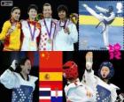 Dekoracji Taekwondo kobiet - 49 kg, Wu Jingyu (Chiny), Brigitte Yagüe (Hiszpania), Chanatip Sonkham (Tajlandia) i Lucija Zaninović (Chorwacja), London 2012