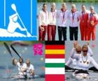 Podium sprint K2 500 m dekoracji, Franziska Weber, Tina Dietze (Niemcy), Katalin Kovacs, Natasa Janics (Węgry) i Karolina Naja, Beata Mikołajczyk (Polska), London 2012