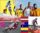 Jazda na rowerze, BMX mężczyzn podium, Māris Štrombergs (Łotwa), Sam Willoughby (Australia) i Mario Carlos Oquendo (Kolumbia), Londyn 2012