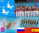 Podium zsynchronizowane drużyny pływackiej, Rosja, Chiny i Hiszpanii, Londyn 2012