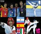 Podium Taekwondo -80 kg mężczyzn, Sebastián Crismanich (Argentyna), Nicolás García Hemme (Hiszpania), Lutalo Muhammad (Wielka Brytania) i Mauro Sarmiento (Włochy), Londyn 2012